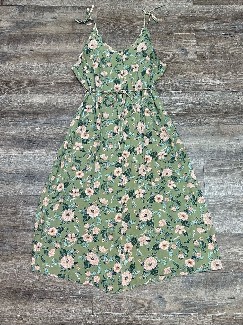 dip Green Floral Midi Dress with Tie Straps